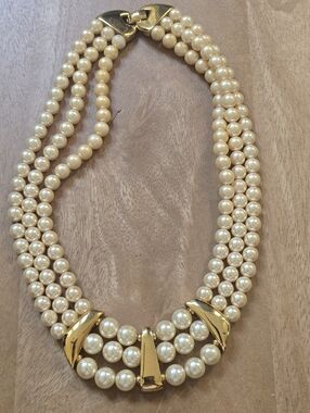 Vintage Napier Triple Strand Faux Pearl Necklace, Signed Gold Tone Statement Jew